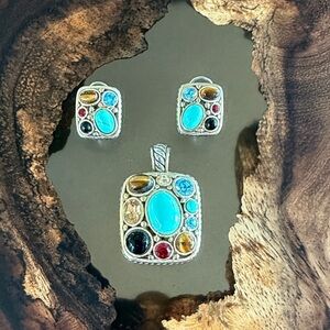 Multi-Gemstone Turquoise Square Pendant and Earring Set in Silver and Gold